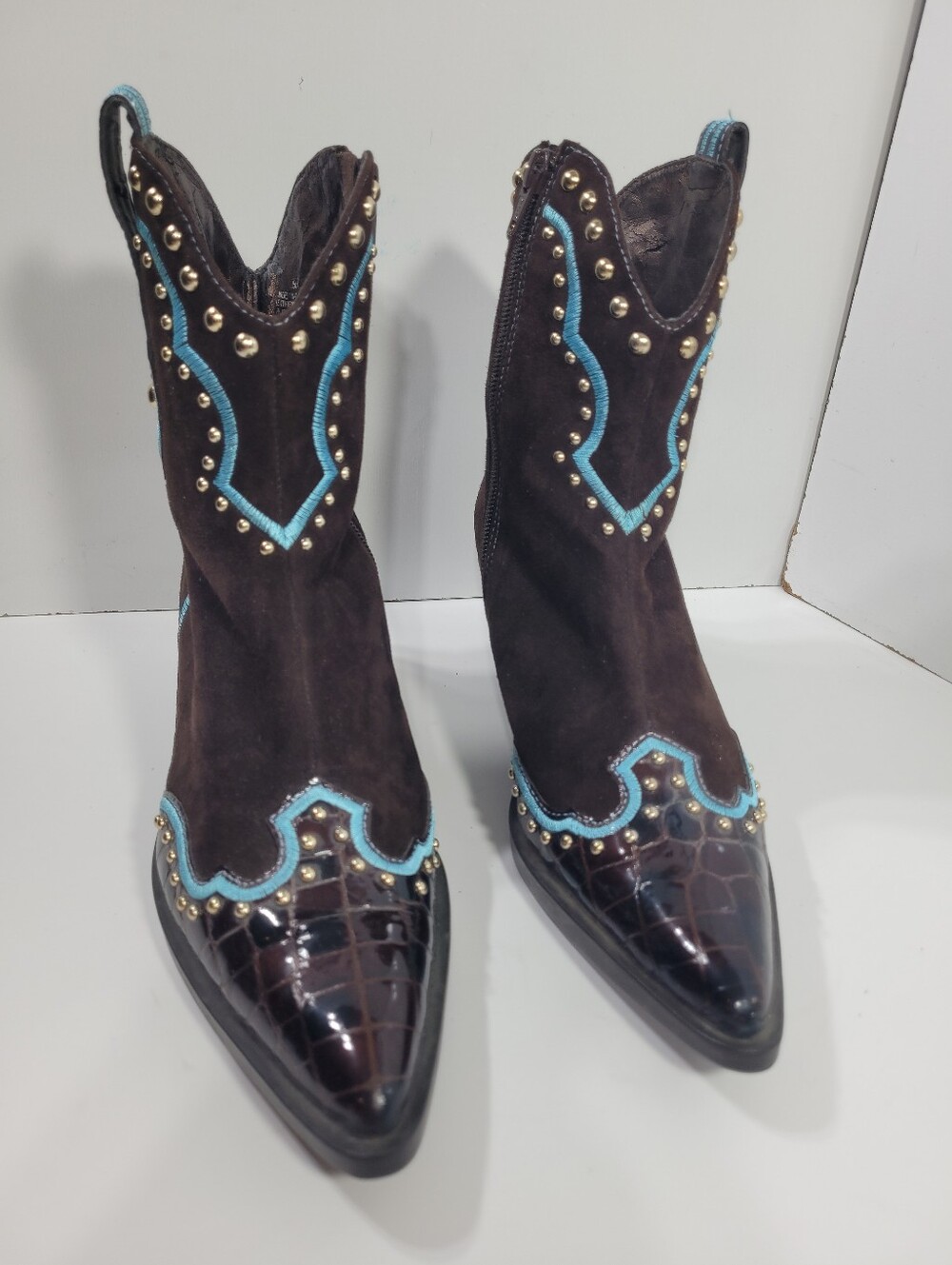 Vaneli Womens Cowboy Boots Size 8 Brown Suede Studded Turquoise Western Booties